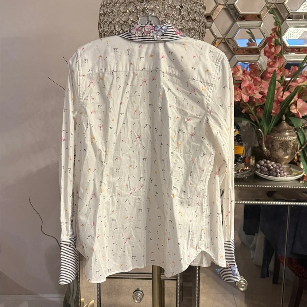 Robert Graham White Shirt with Black Stripes and Floral Accents - Picture 7 of 8